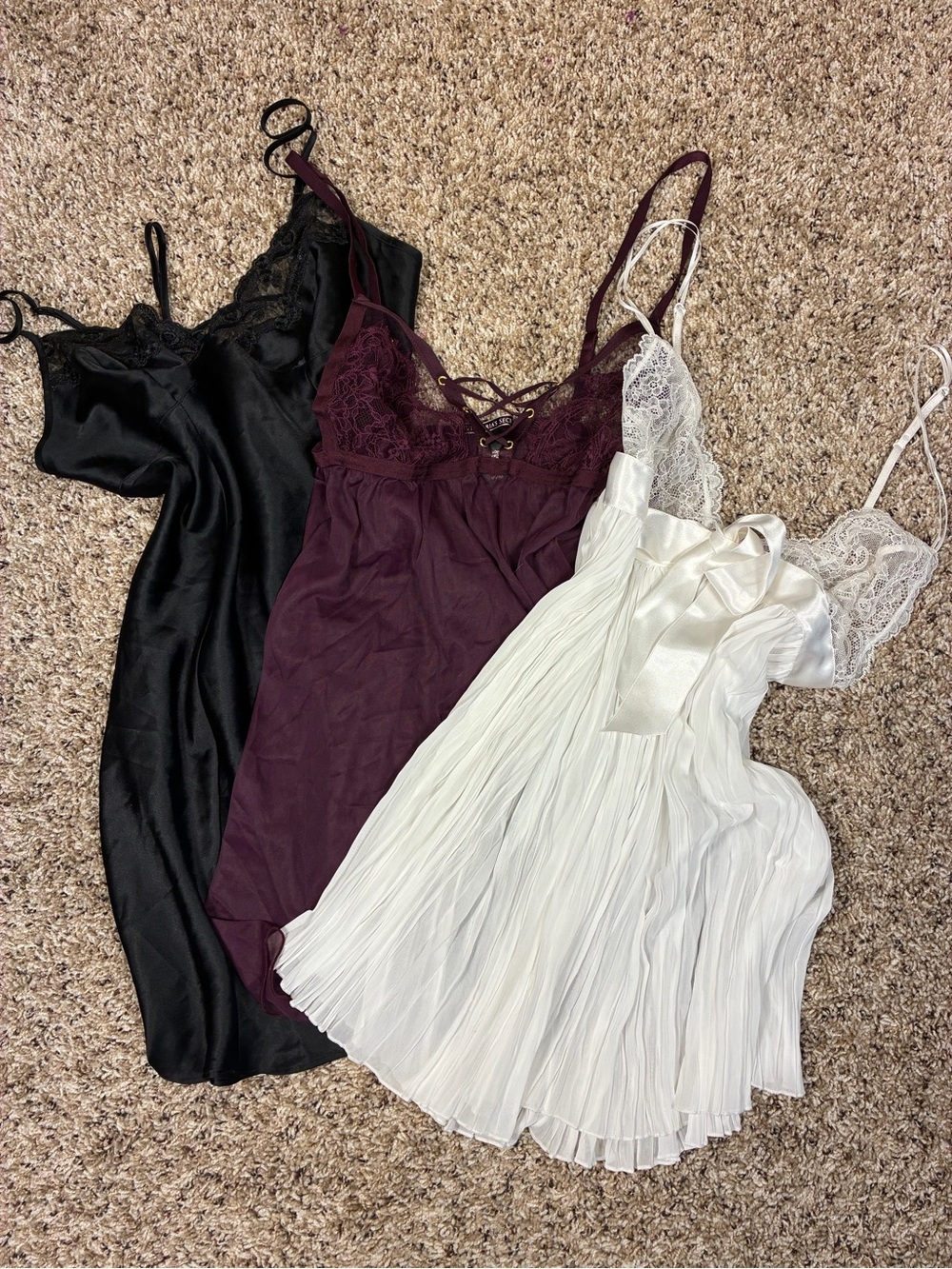 Victoria Secret 3 Satin Chiffon Chemise Slips Lace Bow Pleats